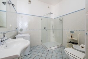 Shower, hair dryer, bidet, towels