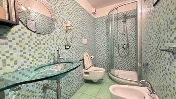 Shower, hair dryer, bidet, towels