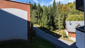 A residential area with a road, a building with a brown facade, and a forested hillside. - Apartment in Morillon at Ski Slope (Morillon)