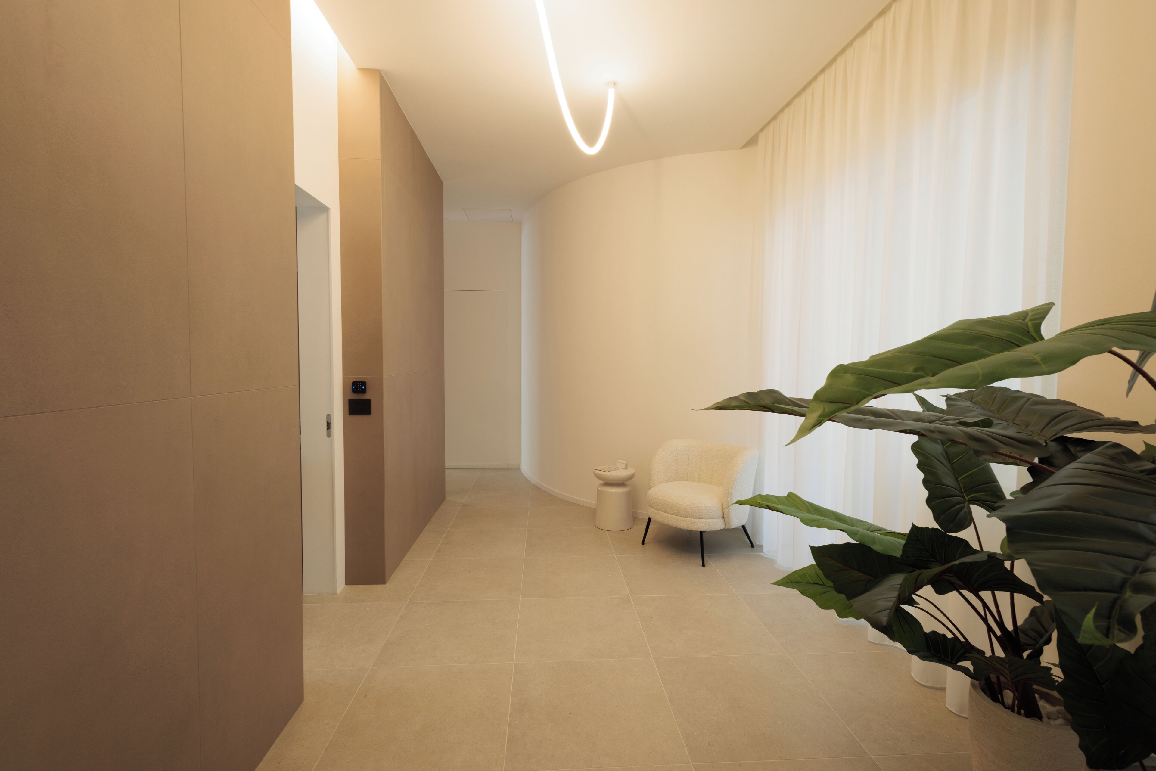 A modern, minimalist hallway with a white chair and large green plant.