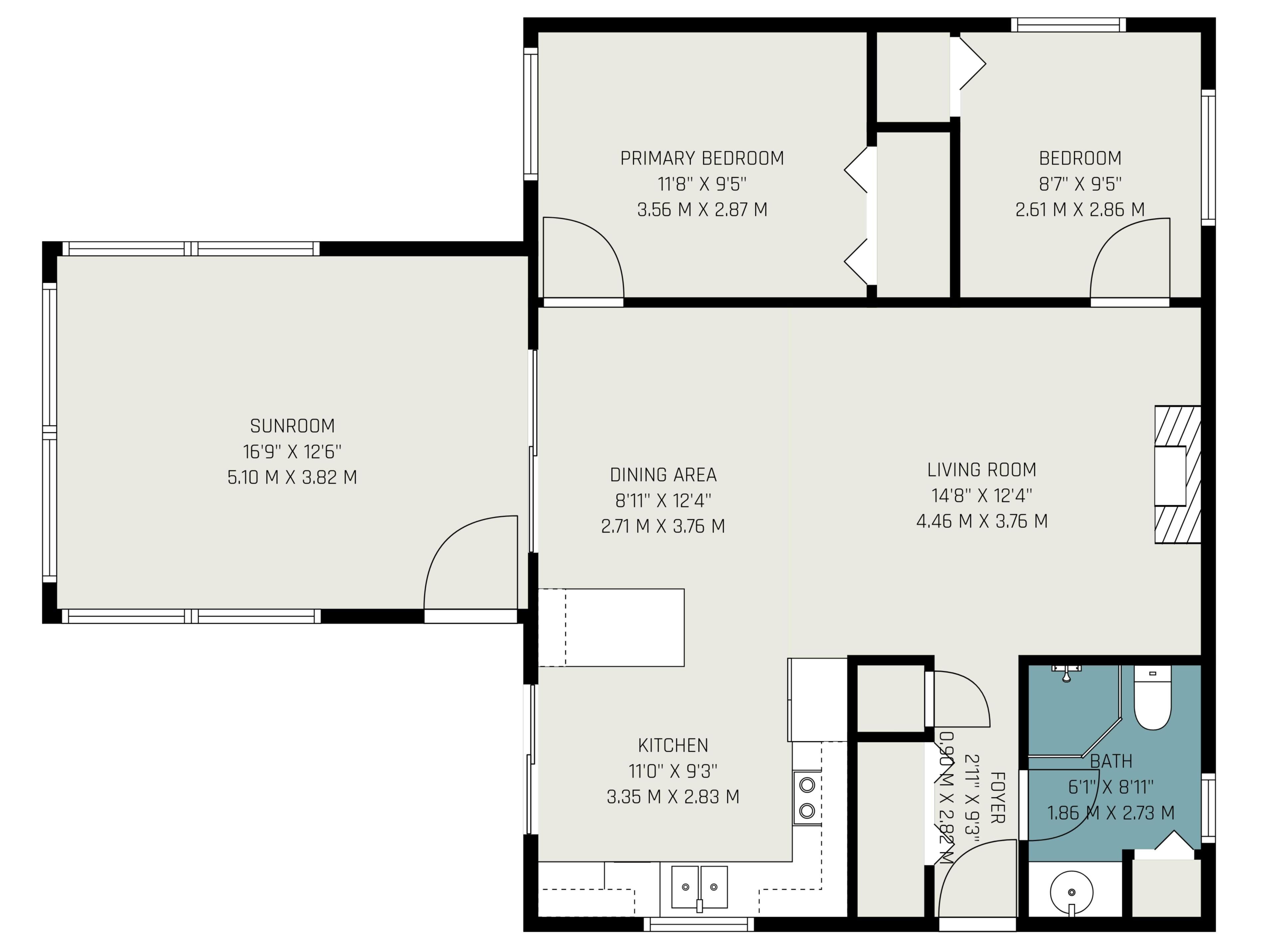 A floor plan with a sunroom, primary bedroom, secondary bedroom, dining area, living room, kitchen, and bathroom.