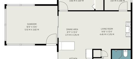A floor plan with a sunroom, primary bedroom, secondary bedroom, dining area, living room, kitchen, and bathroom.