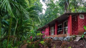 Un edificio de ladrillo rojo rodeado de exuberante vegetación y un pequeño estanque.
