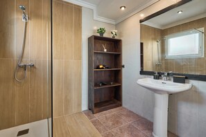 Shower, towels, toilet paper