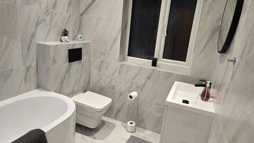 Shower, hair dryer, towels, soap