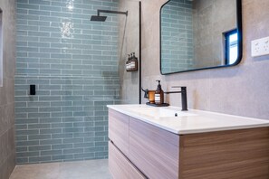 Bathroom features a sleek design with a glass door, handheld showerhead, and a spacious vanity with a large mirror.