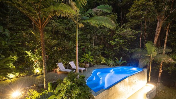 A swimming pool surrounded by lush greenery, with lounge chairs and a paved deck. - The Planchonella House - Eco Stay de Luxe (Edge Hill)