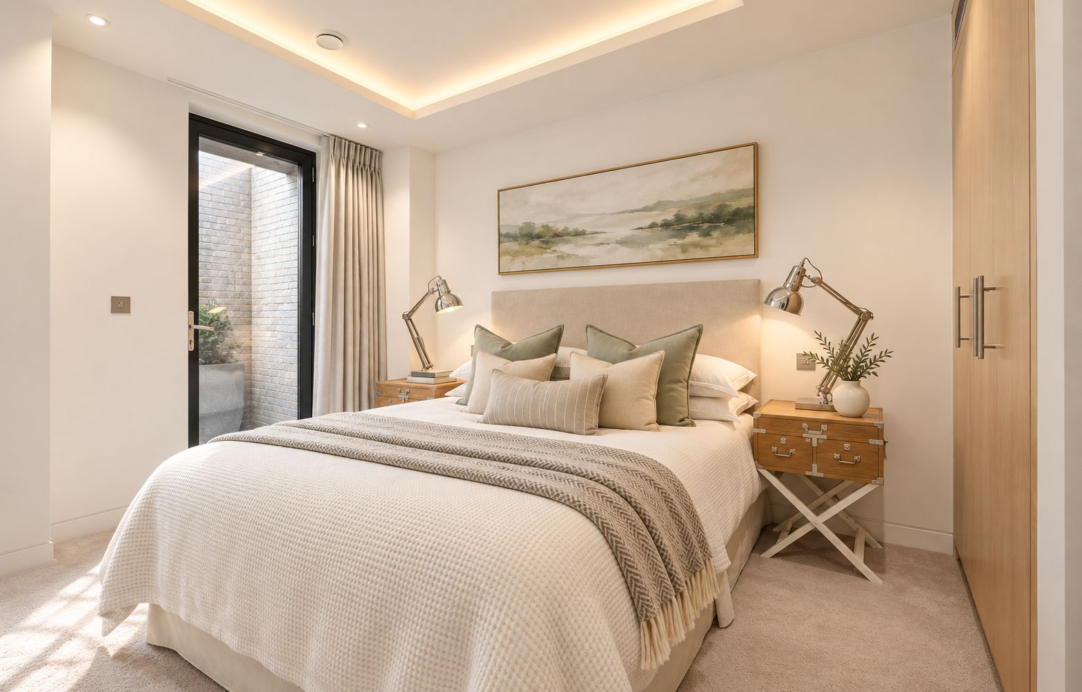 Une chambre à coucher avec un lit, des tables de chevet, un tableau et une vue à travers une porte vitrée.
