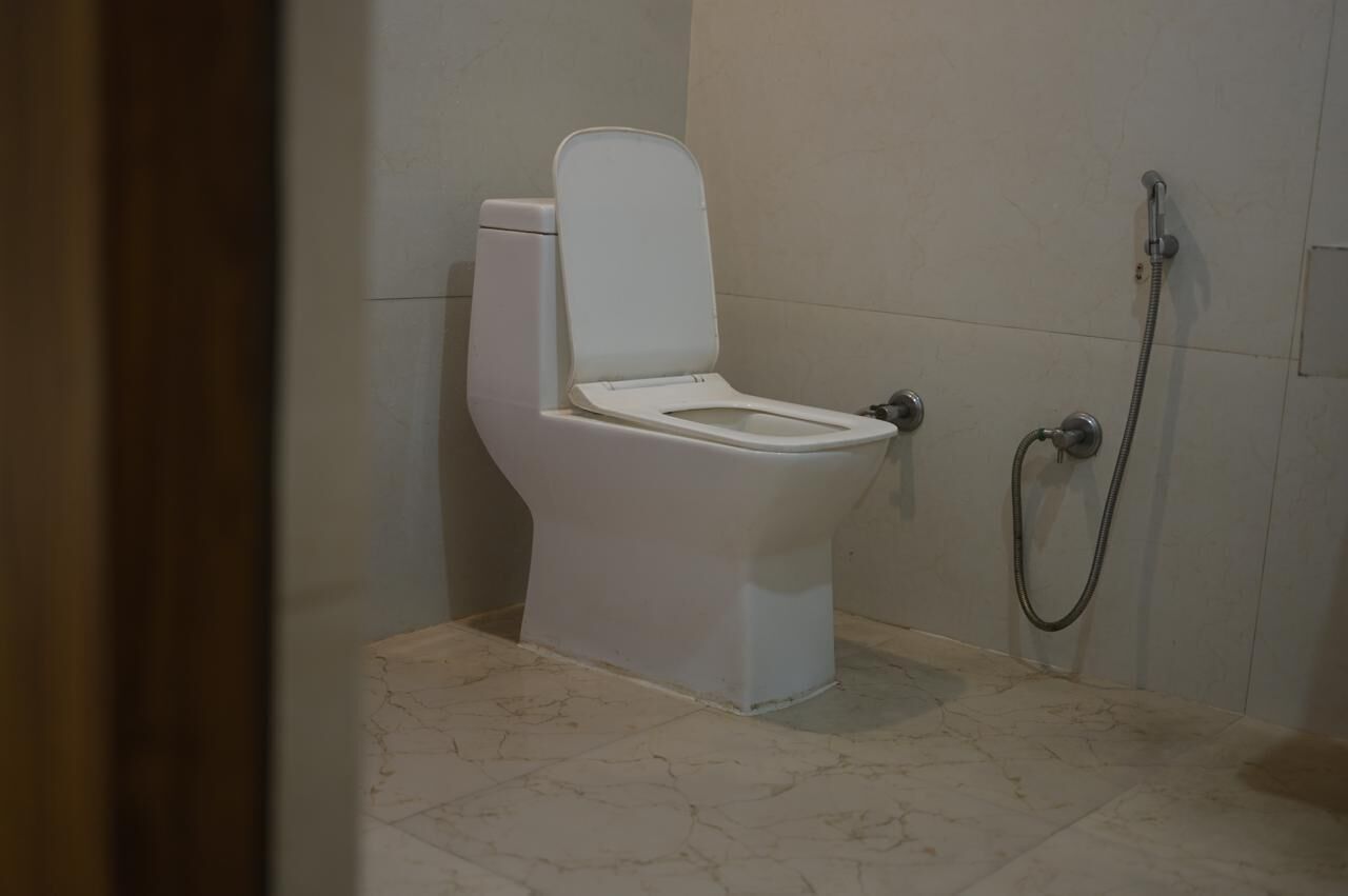 Shower, towels, soap, toilet paper