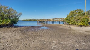 A beach with a wooden pier extending into the water, surrounded by vegetation. - Dtwn Palm Harbor Condo: Walk to Water! (Palm Harbor)