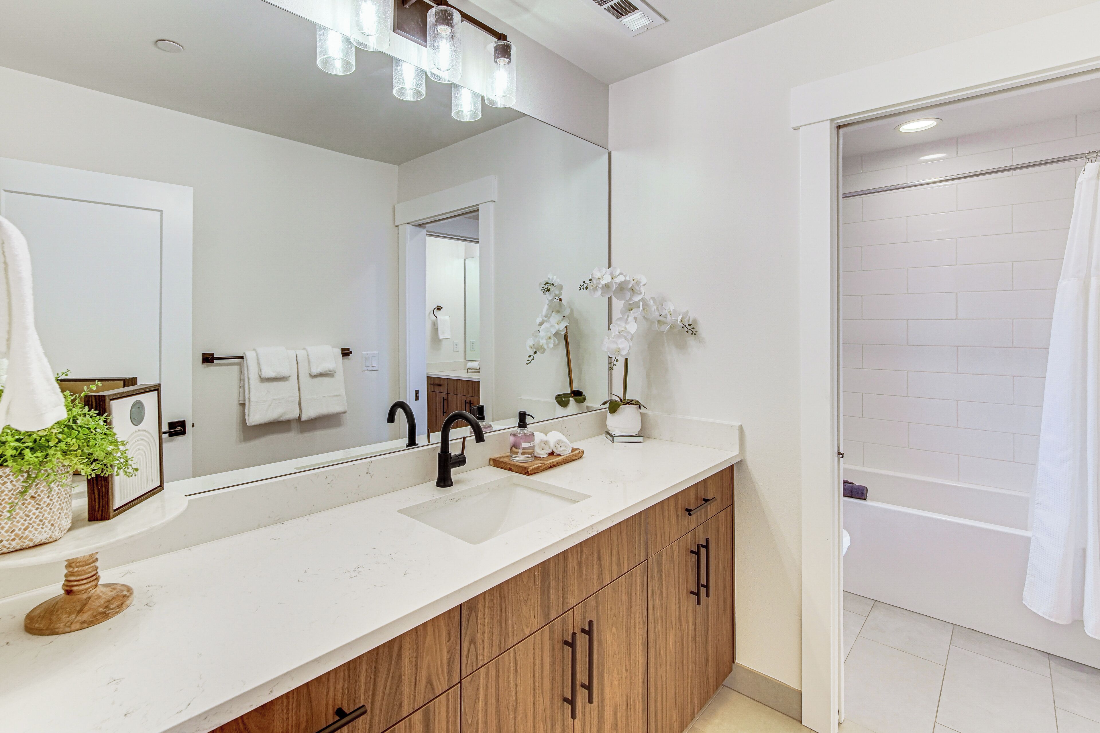 Une salle de bain moderne avec un grand miroir, un lavabo et une douche. On y trouve des serviettes et une plante en pot sur le comptoir.