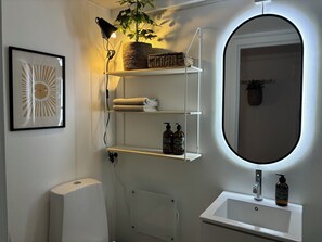 Douche, séchoir à cheveux, serviettes fournies, savon