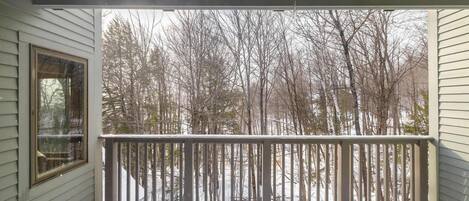 En inglasad veranda med ett träräcke, ett fönster och utsikt över lövträden och den snötäckta marken.