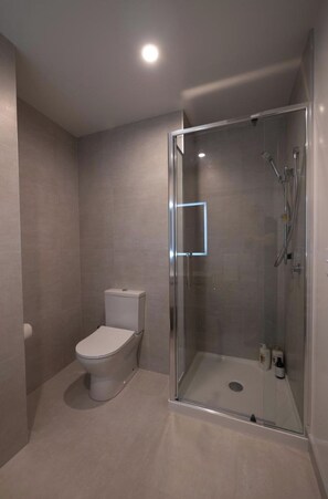 Une salle de bain moderne avec une douche à parois de verre, des toilettes et un spot encastré au plafond.