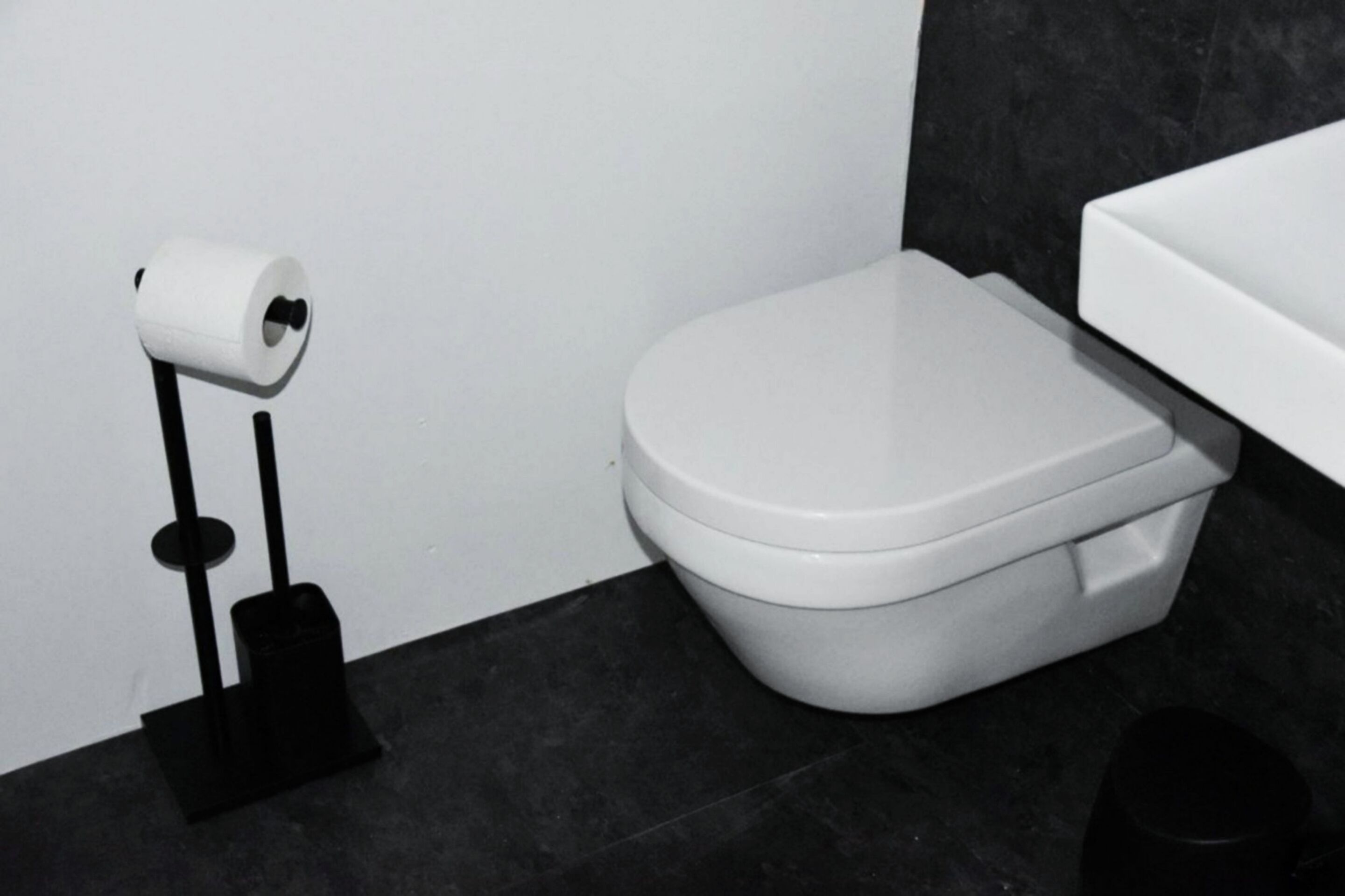 A toilet with a white lid and a roll of toilet paper mounted on a black holder.