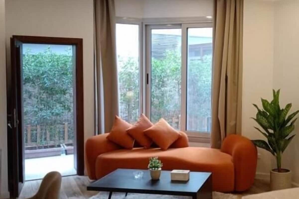 Un salon moderne avec un canapé orange, une table basse et une plante en pot.