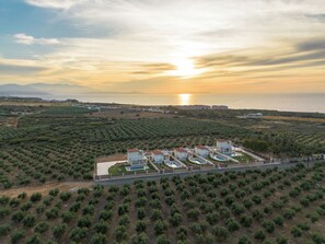 An aerial view of a coastal property with multiple villas, a swimming pool, and olive groves.