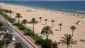 Una platja amb palmeres, un camí i un edifici.