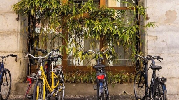 Bicicletas estacionadas em frente a um edifício com porta de madeira e janelas grandes.