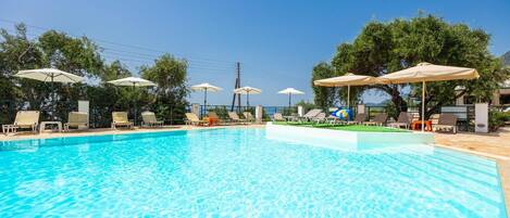 Outdoor pool, open 9:00 AM to 7:00 PM, pool umbrellas, pool loungers