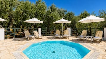 Outdoor pool, open 9:00 AM to 7:00 PM, pool umbrellas, pool loungers