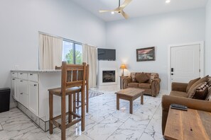 Smart TV, fireplace, video games, table football