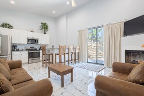 Smart TV, fireplace, video games, foosball