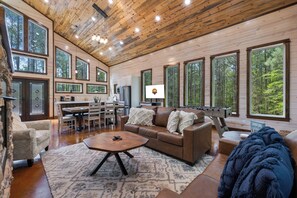 TV, fireplace, video games, foosball