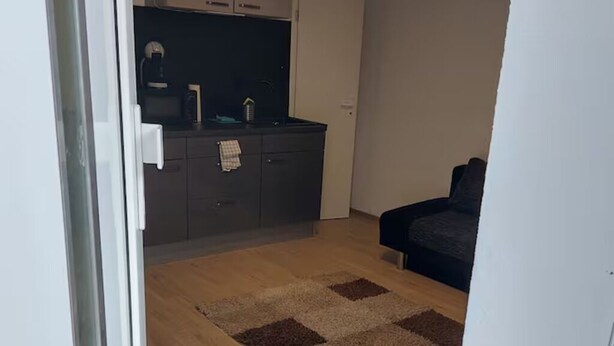 Ein kompakter Wohnraum mit Küchenzeile, einer Couch und einem gemusterten Teppich.