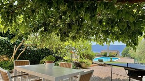 An outdoor seating area with a table and chairs, a potted plant, and a view of a swimming pool and mountains in the background. - Pet-Friendly Holiday Home Lara with Pool and Sea view - excellent choice for a relaxing family getaway (Brzac)