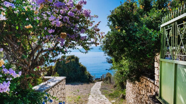 Un sentier de pierres mène à un point de vue pittoresque sur la mer, bordé d’une végétation luxuriante et d’un mur de pierres.