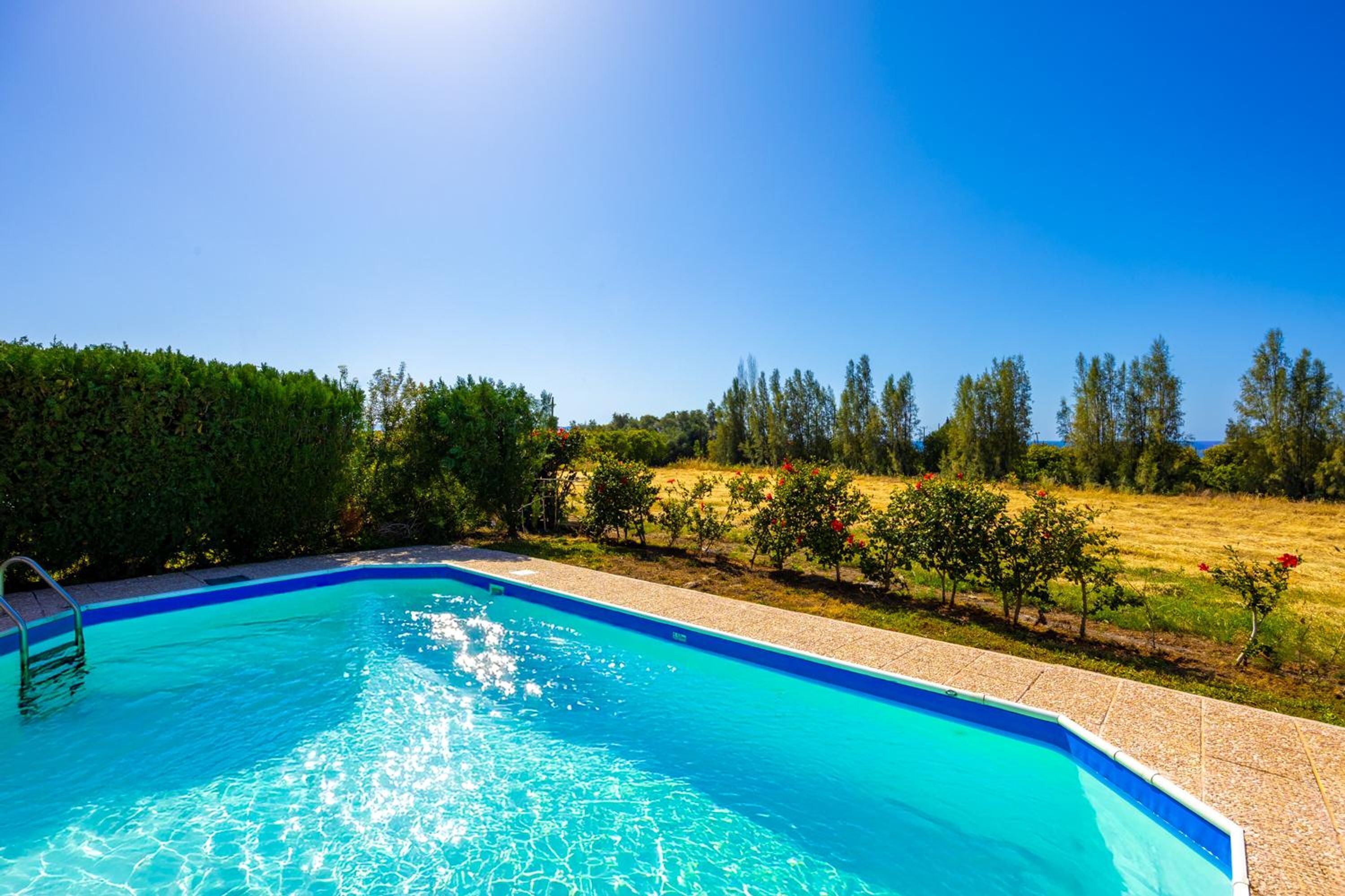 A rectangular swimming pool with a clear blue water surface, surrounded by a tiled deck and a hedge on one side.