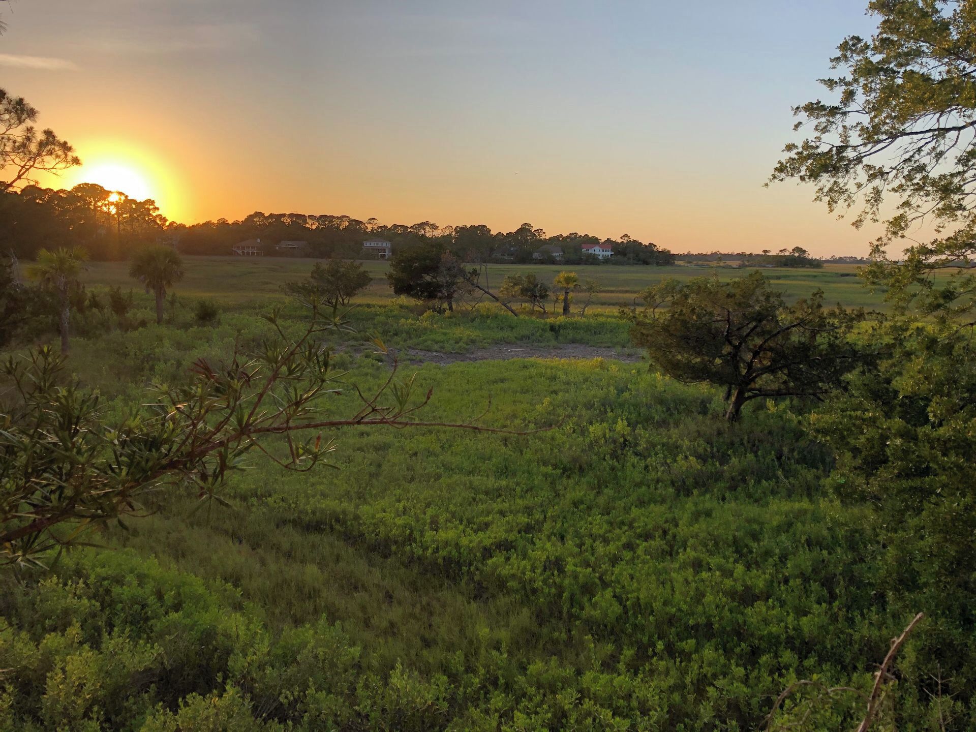 Un paysage rural avec un coucher de soleil, de vastes champs ouverts, des arbres dispersés et un bâtiment blanc visible au loin.