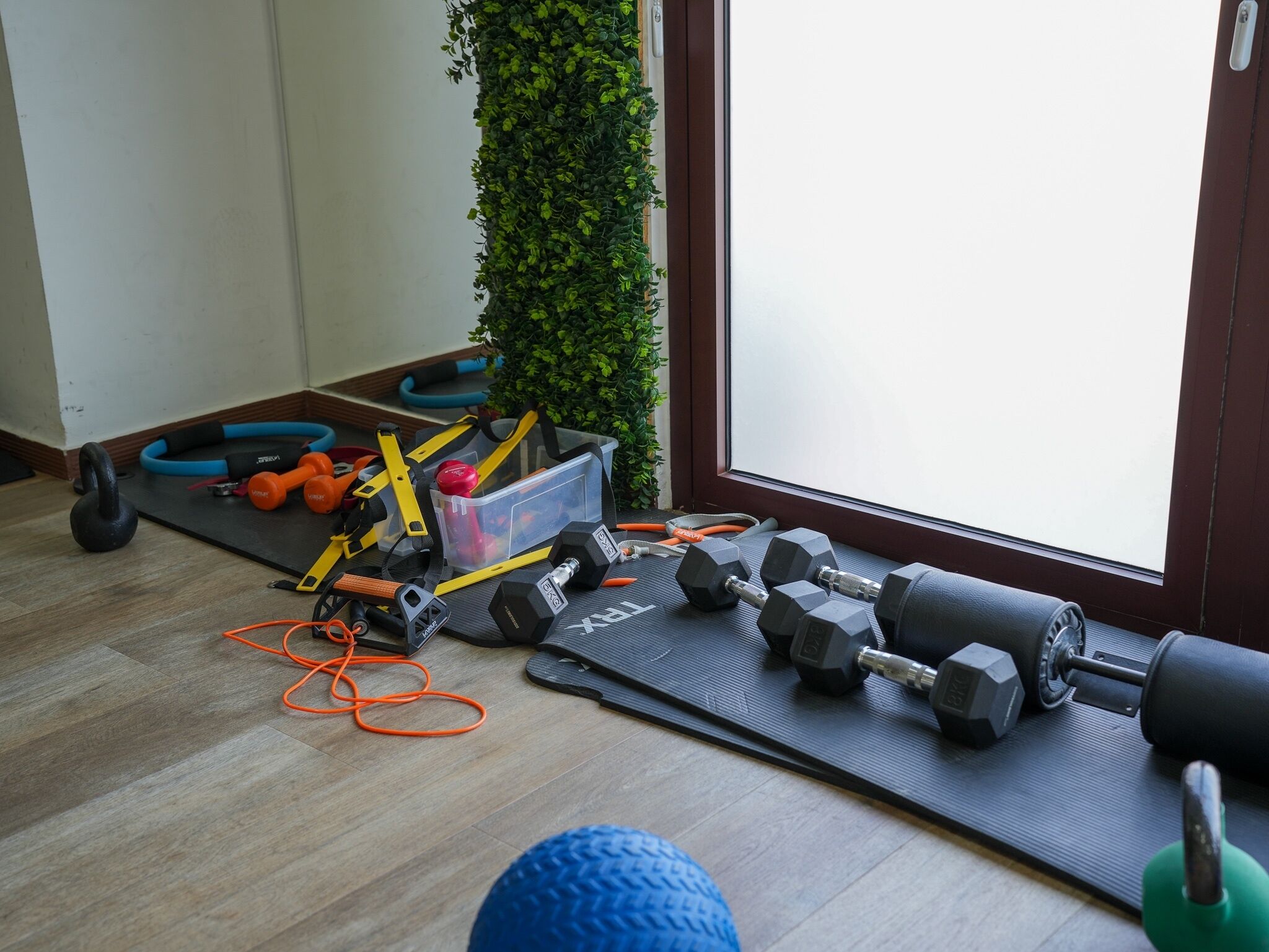 A home gym with exercise equipment, including dumbbells, a kettlebell, and resistance bands, arranged on a mat near a window.