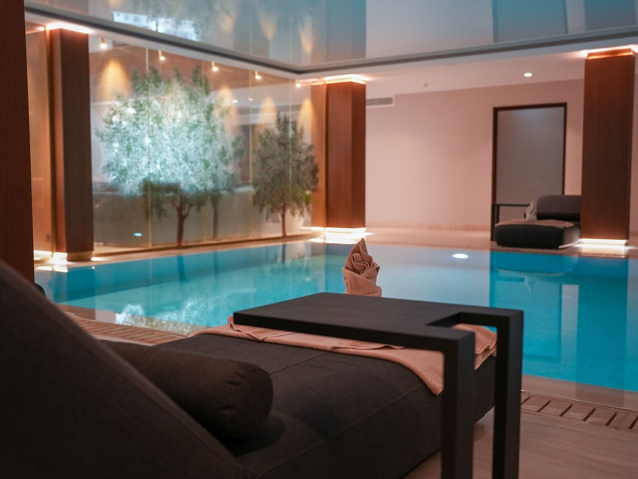 Zona d'una piscina interior moderna amb un sofà i una taula, finestres grans amb vista a arbres, i una porta al fons.