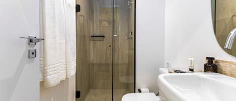 Un baño moderno con ducha de vidrio, inodoro blanco y un lavamanos grande.