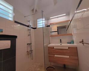Douche, sèche-cheveux, serviettes fournies, papier toilette
