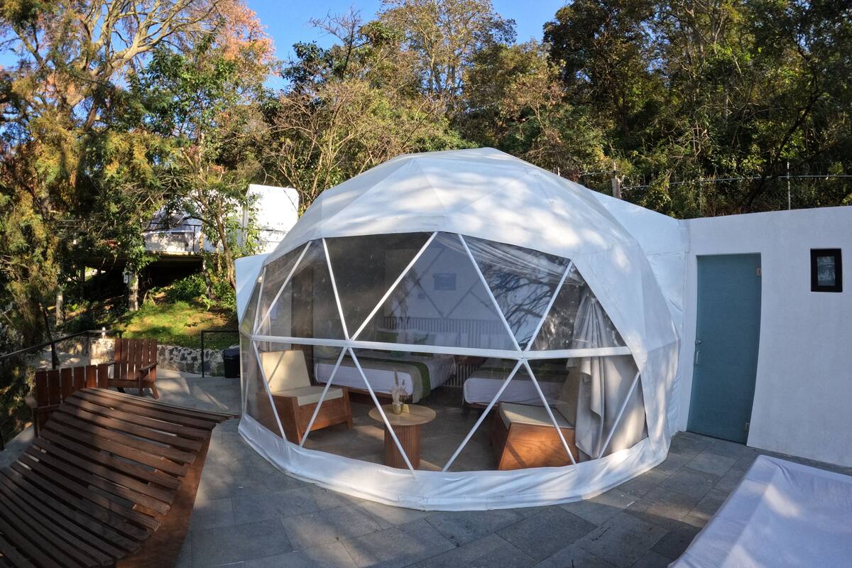 A geodesic dome structure with a seating area inside, surrounded by a garden and trees.