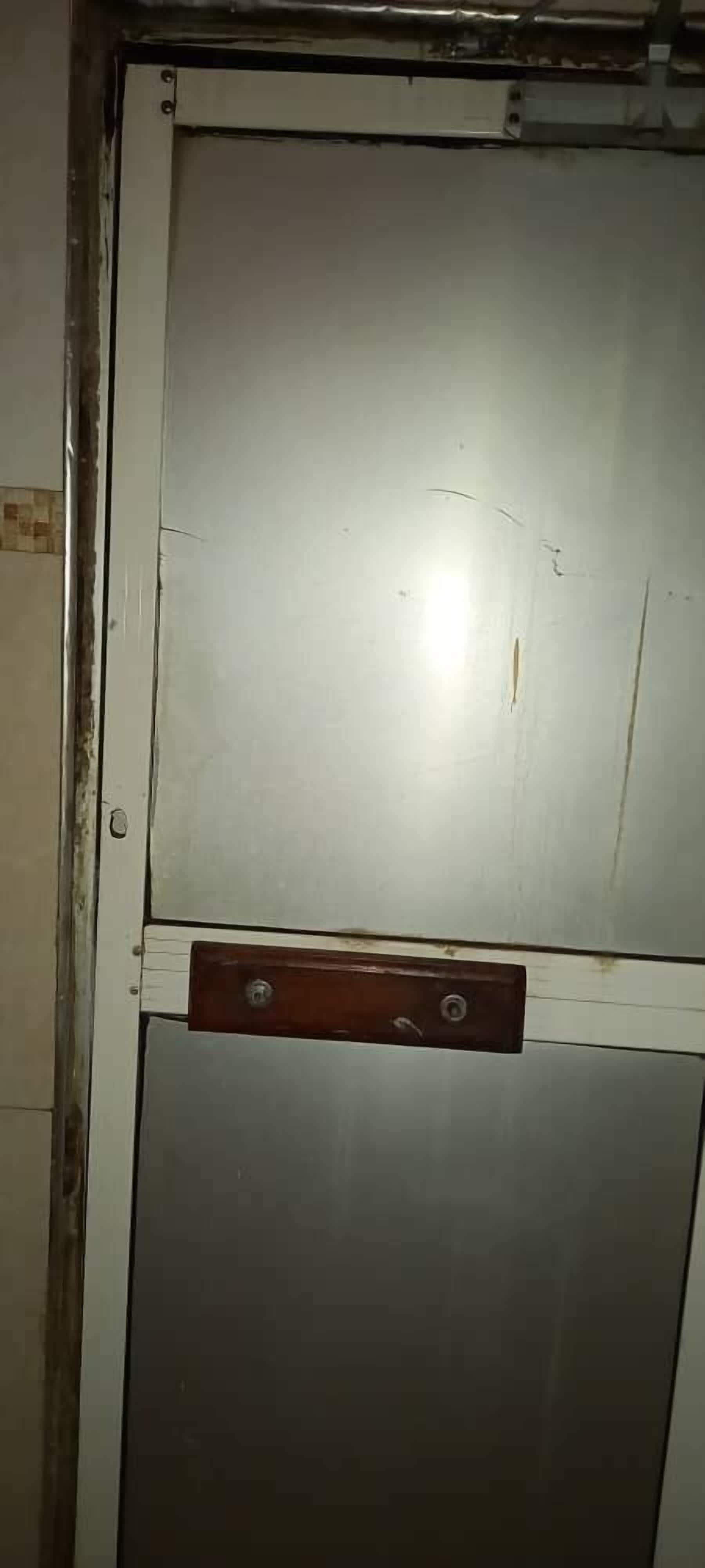 A door with a metal handle and a wooden panel.