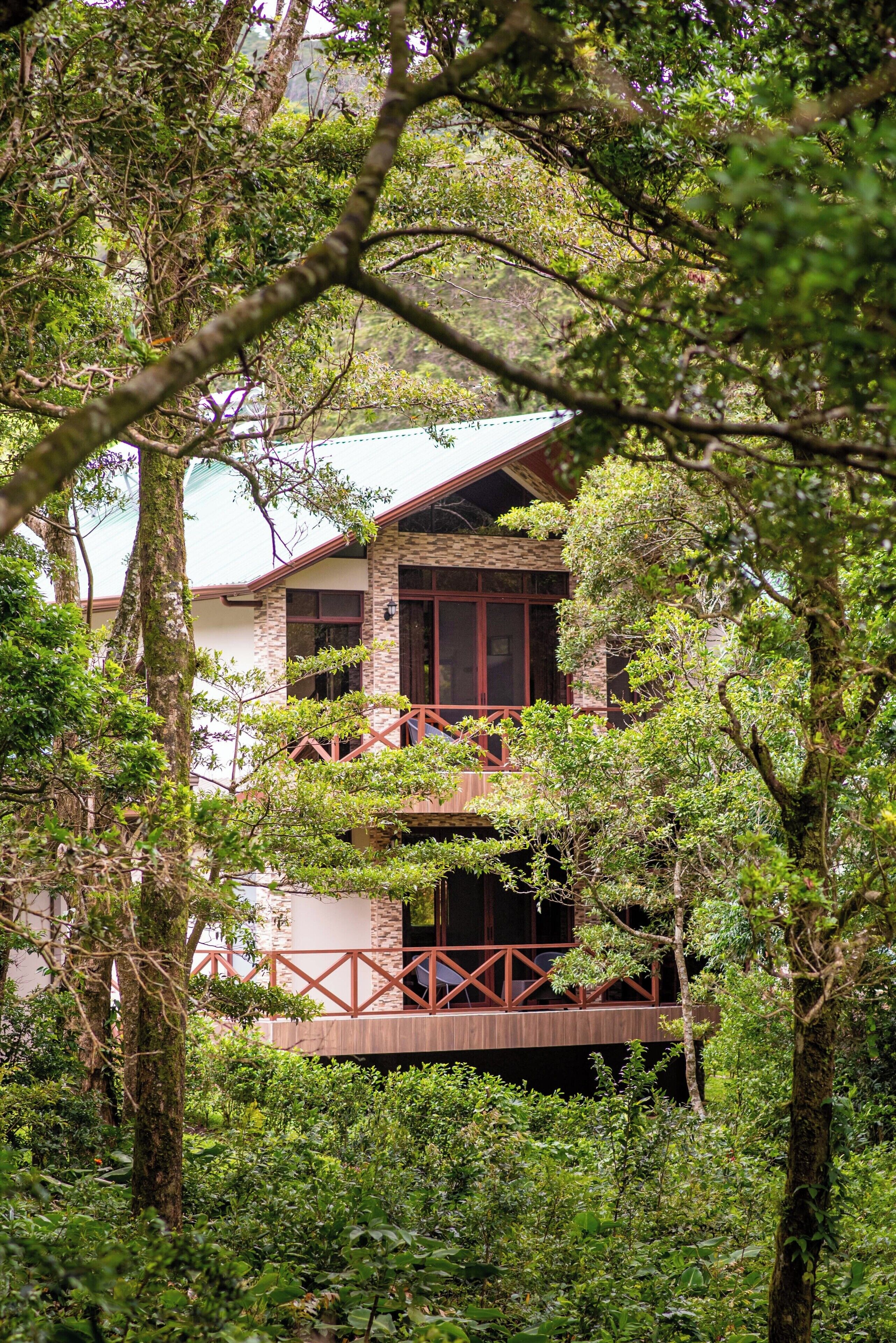 A two-story building with a wooden balcony, surrounded by dense greenery.