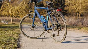Ein Fahrrad steht auf einem befestigten Weg, im Hintergrund Bäume.