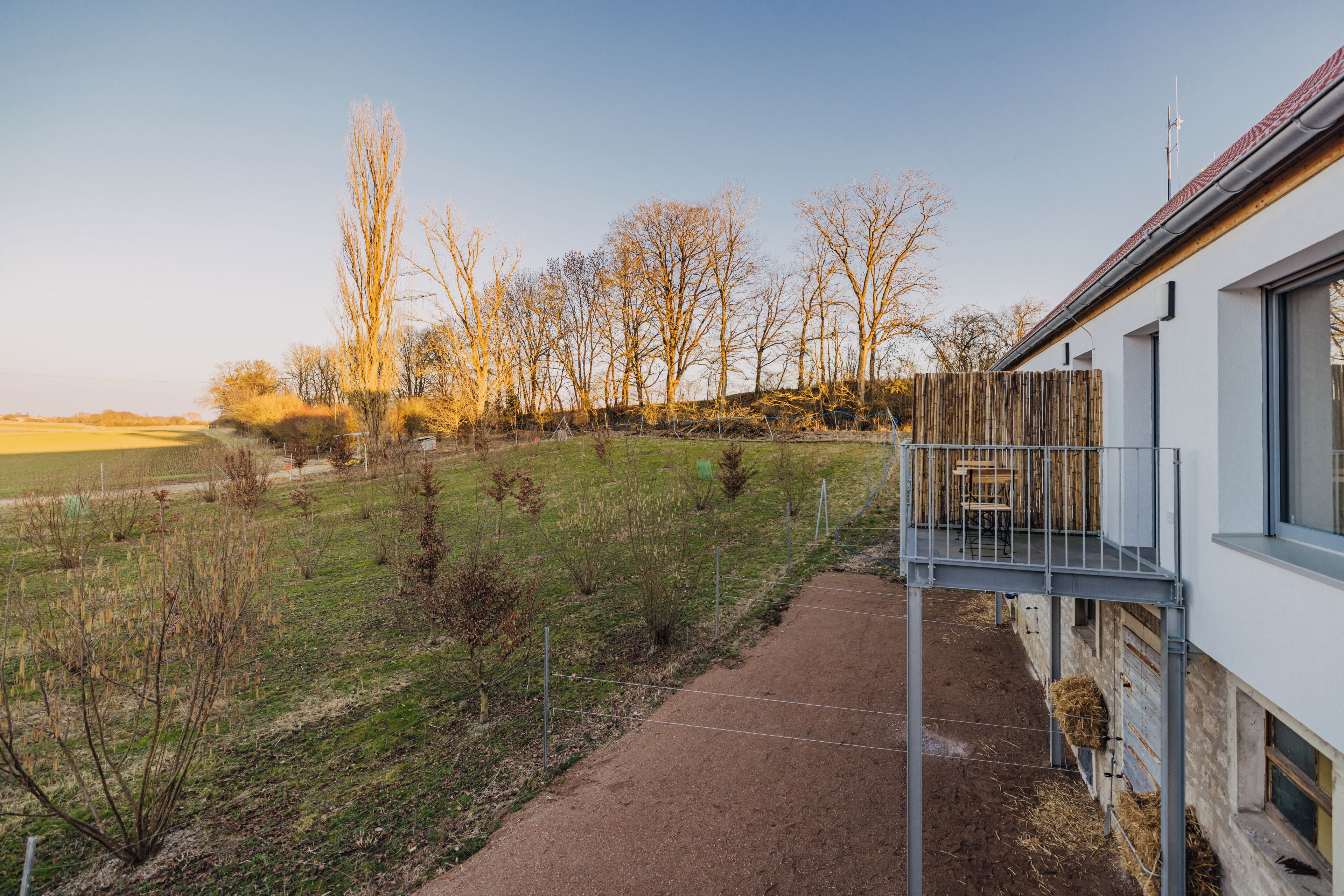 A modern building with a balcony overlooking a grassy field and trees.