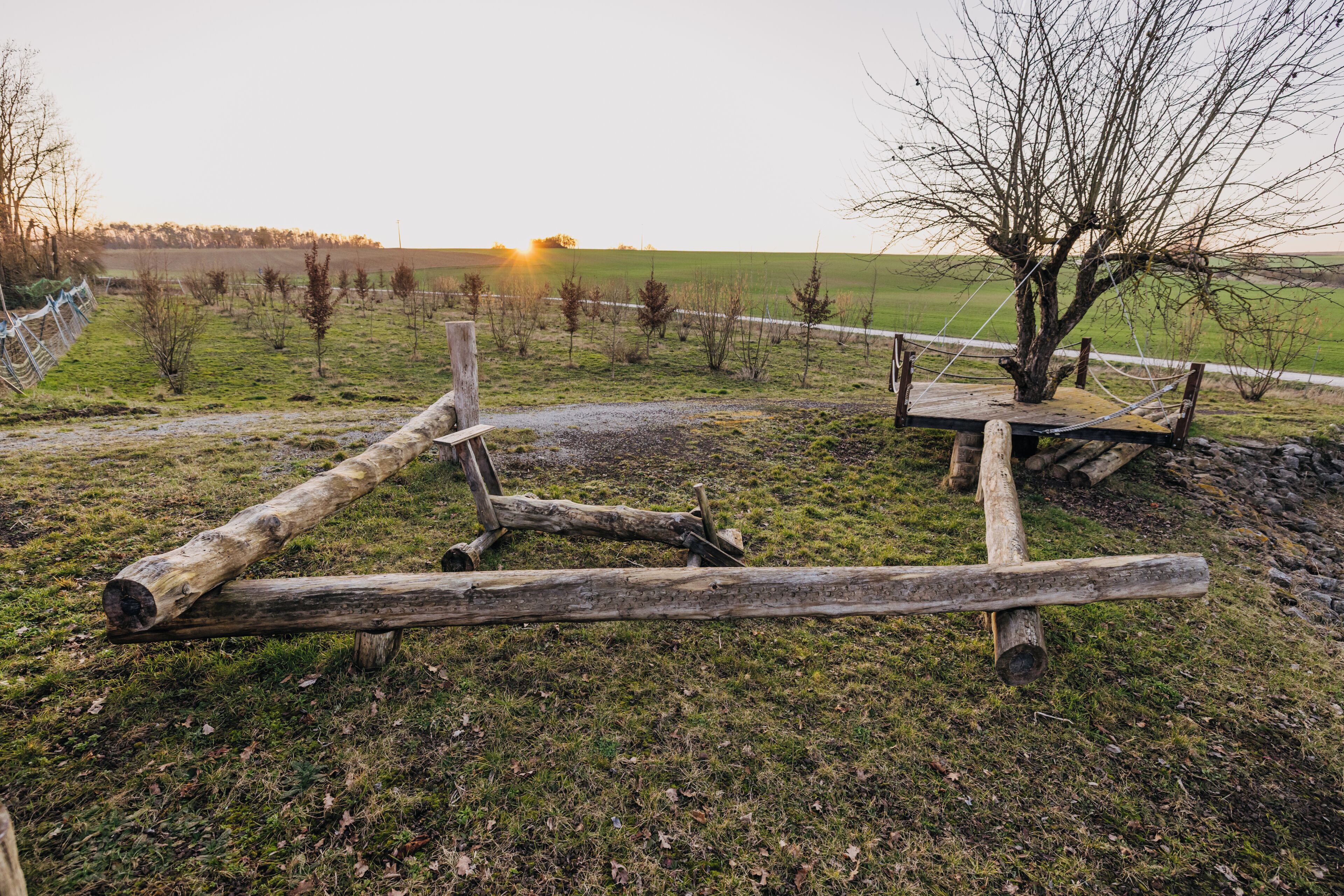 Ländliche Landschaft mit Holzzaun, Baum und Holzgebäude.
