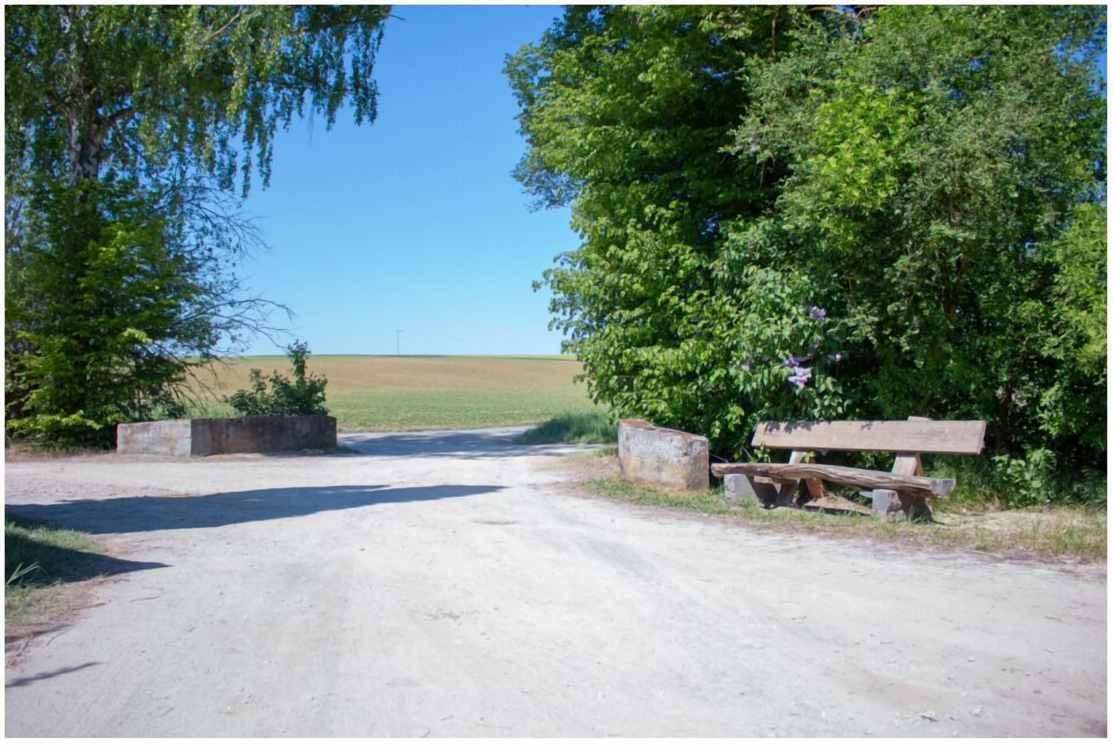 Un chemin de terre mène à une porte, avec un banc placé à côté.