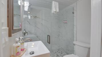 A bathroom with a glass-enclosed shower, a white sink with toiletries, and a toilet.