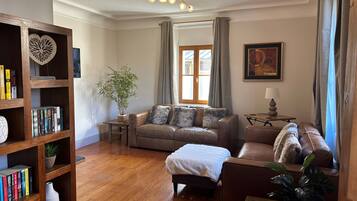 Smart-tv, een open haard, boeken en een stereo