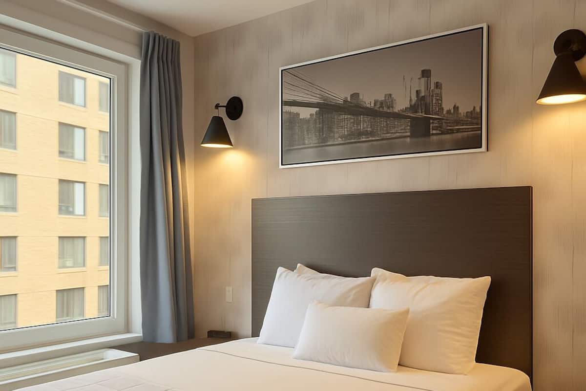 A neatly made bed with a quilted cover, a cityscape framed picture above it, and two wall-mounted lamps on either side.