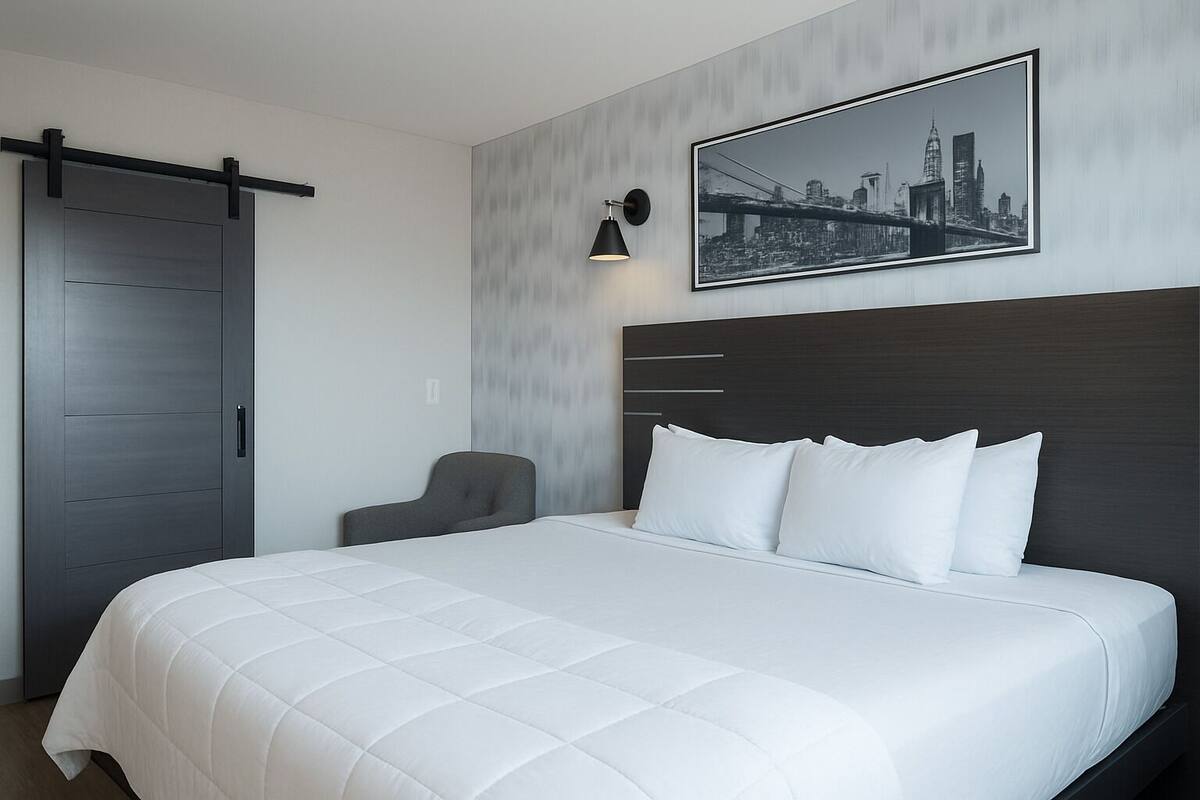 A modern hotel room with a large bed, a gray chair, a cityscape framed picture, and a sliding door.