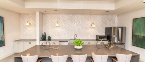 Fridge, dining tables