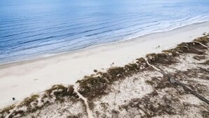 Una playa con arena y vegetación escasa.